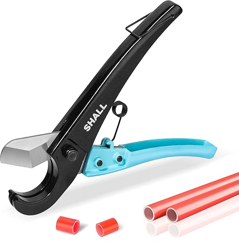 SHALL Rohrschneider 1-35mm (1-3/8) | Federschere mit Sicherheitsverriegelung & Griffigen SoftGrip-Handschalen | Rohrschere Für PEX, PE, PVC, Gummischläuche, Nylon | Schlauchschere