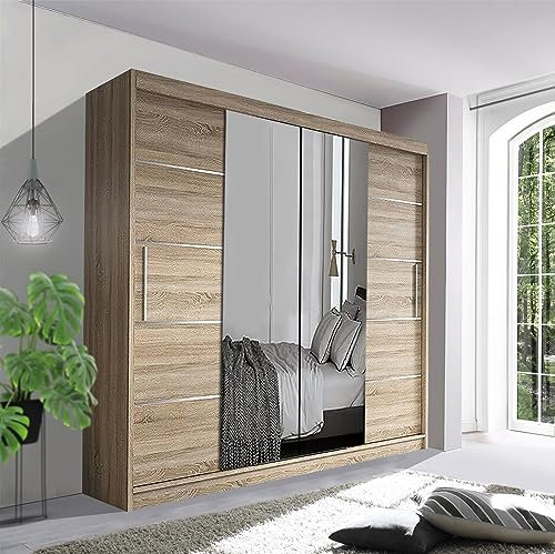 German Sliding Wardrobe Spacious Bedroom Sliding Wardrobe - Sleek and Functional Design comes in White/Grey/Black/Oak and Width 150cm/180cm/203cm/250cm (Oak, 203cm)