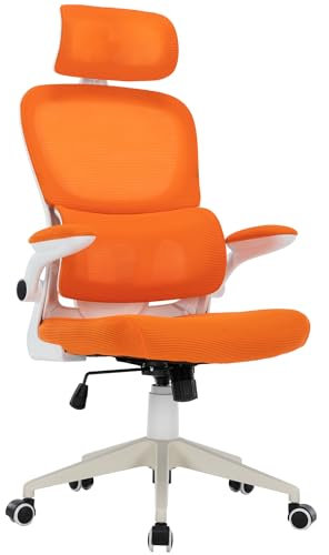 TRISENS Flexibler Bürostuhl in moderner Mesh-Optik ergonomischer Schreibtischstuhl mit Nacken- und Lordosenstütze Gamingstuhl mit atmungsaktiver Netzrückenlehne und Wippfunktion, Farbe:Weiß/Orange