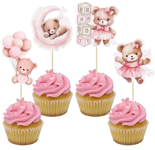 Gyufise 36Pcs Baby Moon Bear Cupcake Toppers - Bear Baby Shower Cake Topper Decorations Jungle Animal Theme Birthday Party Cake Supplies Pink
