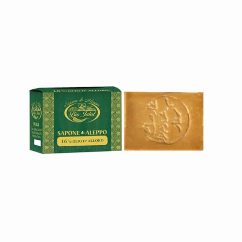 Bio Jalal Aleppo-Seife Original mit 16% Lorbeeröl, 1 Stück à 200 g, feste Seife für Hände, Körper, Gesicht und Haare, handgefertigtes Produkt aus der Türkei