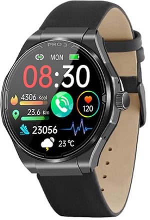 Knauermann PRO 3 (2024) Schwarz - Gesundheitsuhr Smartwatch mit Telefoniefunktion - EKG + HRV und SOS Funktion - AMOLED Display- BT Bluetooth - Schlafapnoe - Echtlederband Schwarz, 14-24, rund