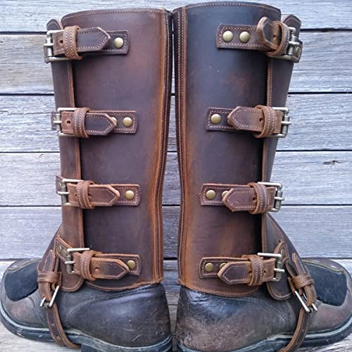 Cachorro Armatura di Cuoio per Le Gambe, Medievale Vintage Steampunk Samurai Stivali Copertura Cavaliere Cosplay Larp Cavaliere Ghette Campeggio Escursionismo Accessori Protettivi,Marrone