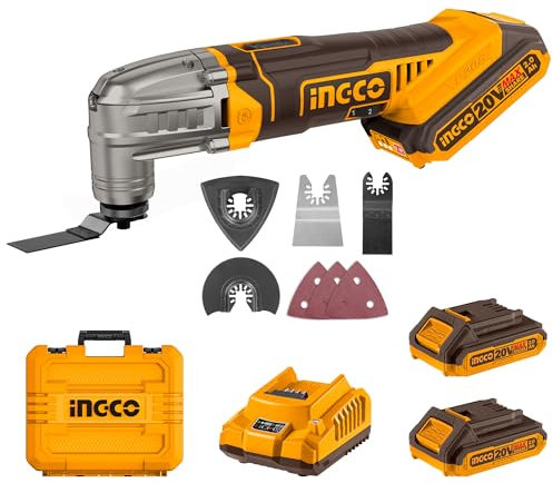 INGCO Outil Oscillant sans Fil 20V Outil Multifonction Oscillant, 6 Vitesses, 5000-20000 tr/min avec 2 Batterie 2,0 Ah et 1 Chargeur, 8 Pièces Accessoires pour Couper, Poncer, Gratter, Scier