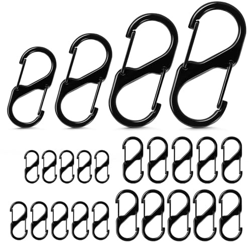 Karabinerhaken in 4 Größen S, 20 Stück, Doppelfedern, klein, 30/40/50/60 mm, schwarz, Mini-Karabiner-Clips, Karabiner-Schlüsselanhänger für Camping, Schlüsselanhänger, Reisen