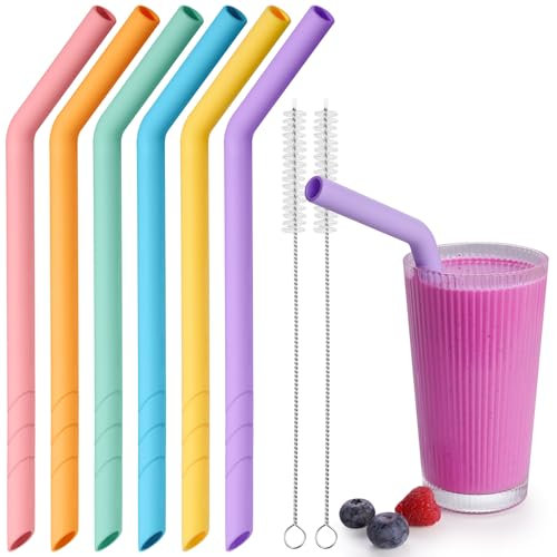 NiHome Lot de 6 pailles en silicone courbées extra larges réutilisables pour boba, smoothies, thé aux bulles, respectueuses de l'environnement et colorées pour les boissons épaisses, sans danger pour