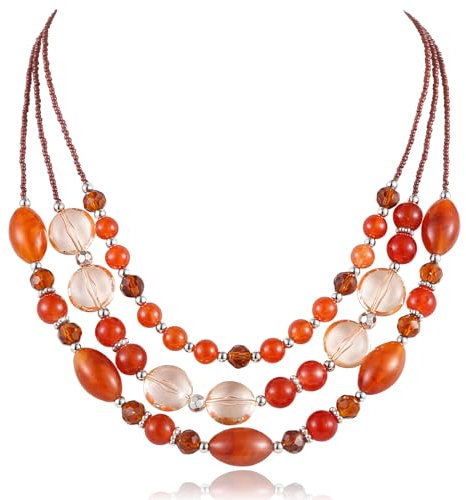 FULU AUTUMN Perlen Statement Kette Damen Silber Mehrreihig Perlenkette Chunky Bunt Modeschmuck Valentinstagsgeschenk für Sie(Red coffee)