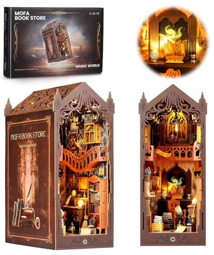 Dhqkqg DIY Book Nook Kit,Book Nook Kit Buchhandlung,3D Puzzle Holz Buchstütze,DIY Puppenhäuser Miniatur Haus Kit mit LED-Licht,3D Holzpuzzle,Puppenhäuser Miniatur Haus Kit,für Erwachsene zum Bauen