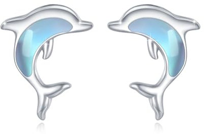 TRISHULA Delfin Ohrringe 925 Sterling Silber Delfin Ohrstecker Hypoallergene Mondstein Ohrringe Tier Ohrringe Ozean Delfin Schmuck Weihnachten Geschenk für Damen Mädchen und Ehefrauen