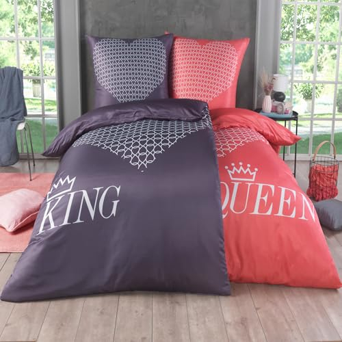 Kuscheli® 4-teilig Partner Bettwäsche 135x200 mit 80x80 Kissenbezug | ÖkoTex Zertifiziert | seidig weich, Mikrofaser Bettwäsche für Paare, Farbe:King-Queen anthrazit-rot, Größe:135x200 + 80x80