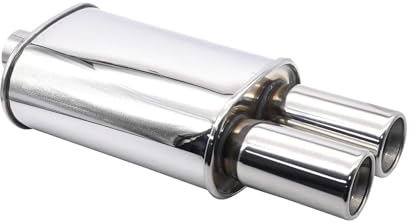 FUNFOB Auspuffblenden Edelstahl 63mm Doppel Einlass Outlet Auspuff Schalldämpfer Rohre Endrohr System Racing Sport Schalldämpfer Turbo Sound Boost Auto Auspuffroh(XH-EP052-SL)