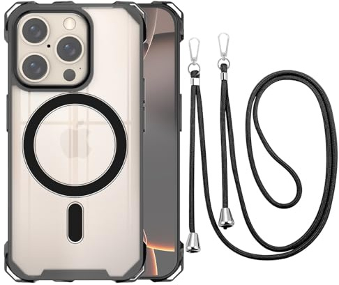 CAROKI Crossbody Lanyard Case for iPhone 16 Pro, Ultra Clear Hard Back Magnetic Case Compatible with MagSafe Bumper with Strap Adjustable Neck Cord Necklace Cover for iPhone 16 Pro-Black