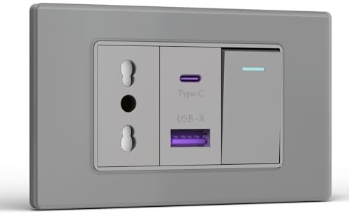 BSEED Presa Elettrica da Muro Bipasso con Interruttore 1 Gang, Carica Rapida 20W, Bivalente 10A/16A con USB A e C 118mm per Ufficio e Casa, Grigio