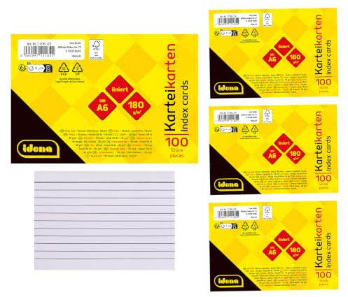 Idena 90278 - Karteikarten DIN A6, 400 Stück liniert, Lernkarten aus 180 g/m² FSC-Mix Papier in Weiß, für Schule und Büro