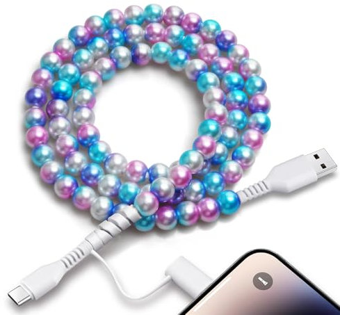 YEBOLU 2 in 1 Charging Cable for iPhone Girls 3.3FT [MFi Certified] Fast Charger Cord Cute Pearl Beaded Phone Charging Cable for iPhone 16 15 14 13 12 11 Pro Max, for Galaxy S25 S24 S23 S22