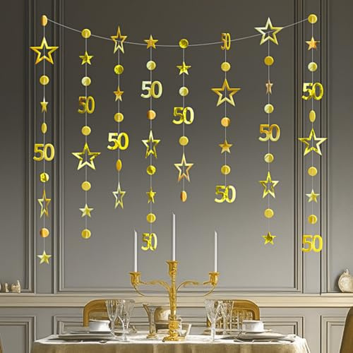 3m Long 50th Birthday Decorations,50th Birthday Banner,Gold-Colored Bir-thday Party Decorations,50-th Gold Circle Dots Star Garland Birth-day Party Decora-tions,Happy 50-th Birth-day Banner