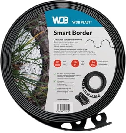 WDB Flexible Rasenkante aus Kunststoff - 30m Lang 5cm Hoch - mit 60 Befestigungsnägel - Schwarz - RAL 9005