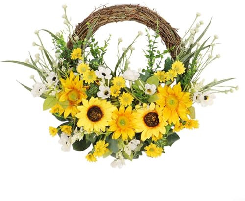 CWOQOCW Künstlicher Oster-Sonnenblumenkranz, Frühlingskränze für Haustür, handgefertigt, florale Türdekoration, Innen- und Außenbereich, Wandbehang, Heimdekoration