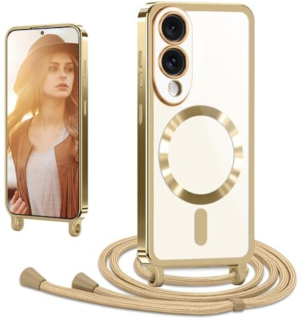 CaseLover Magnetische Handyband für Samsung Galaxy S25 Edge 5G Hülle mit Band, Klare Silikon Necklace Handyhülle mit Kordel zum Umhängen Stossfest mit Kameraschutz Bumper Schutzhülle Case, Gold
