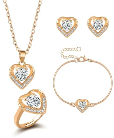 Auriselle Conjuntos joyas circonita mujer, conjunto joyas de 4 piezas colgante corazón, collar, pulsera, anillo pendientes, brillante, collares longitud ajustable, mujeres y niñas, plateado/dorado