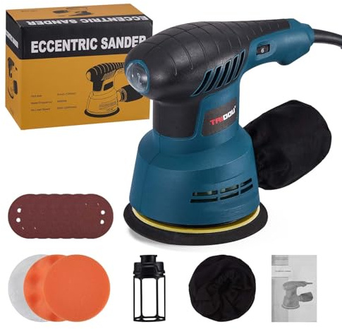 Random Orbit Sander, 300W 125mm Orbital Sander with 6 Variable Speeds, 12000 RPM, 20 Sanding Discs, 3 Polishing Pads, Electric Sanders with Dust Collector for Woodworking, Sanding, Polishing