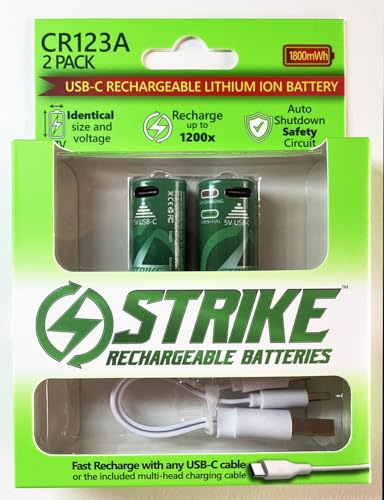 CR123A Battery Lithium Ion 2 Pack Smart LED 3.7V 1800mWh USB-C Rechargeable with Charging Cable, No Charging Box Needed!