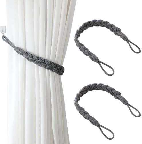 2 Pack Grey Braided Cotton Curtain Tie Backs, Hand-Knitted Rope Style Holders for Drapes and Window Decor.