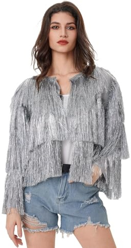 FeMereina Lametta-Jacke mit lockerer Passform, extra dichter, mehrlagiger Lametta-Mantel, glitzernder Quastenmantel, Festival, Karneval, Glitzerjacke