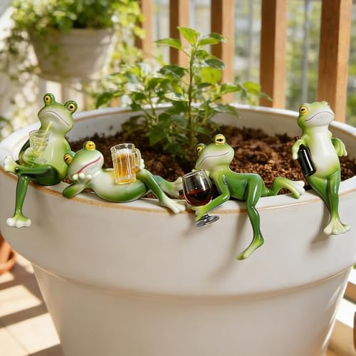 TGKYK 4 Stück Blumentopf Hänger Frosch, Resin Frosch Deko, Wetterfest Gartendeko Froschs, Interessant Deko Froschs Garten für Kantenhocker Zaunhocker Bauernhof Balkon Dekoration Geschenk