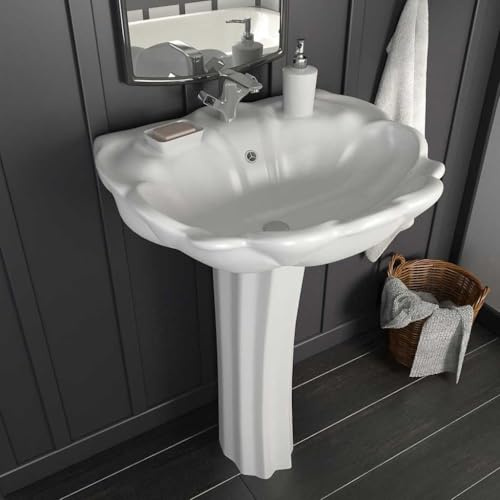 Lavabo indipendente con colonna in ceramica bianca 580 x 510 x 200 mm per bagno lavandino autoportante con foro di scarico 35 mm