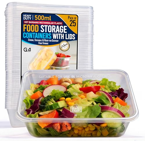 G4GADGET 25 x 500ml Plastic Food Containers with Lids – Heavy Duty Disposable & Reusable Microwave Safe Takeaway Meal Prep Containers – Freezer Safe Food Storage Boxes for Hot & Cold Food