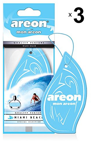 AREON Mon Auto Lufterfrischer Miami Beach Anhänger Hängend Aufhängen Spiegel Blau Duft Autoduft Pappe 2D Wohnung (Set Pack x 3)