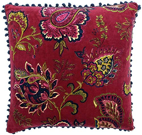 Riva Paoletti Malisa Platz Kissenbezug - Granatapfel Red - Paisley Indischer Druck - Faux Velvet Stoff - Blau Pompom Edges - Maschinenwaschbar - 100% Baumwolle - 50 X 50 Cm (20 X 20 Zoll)