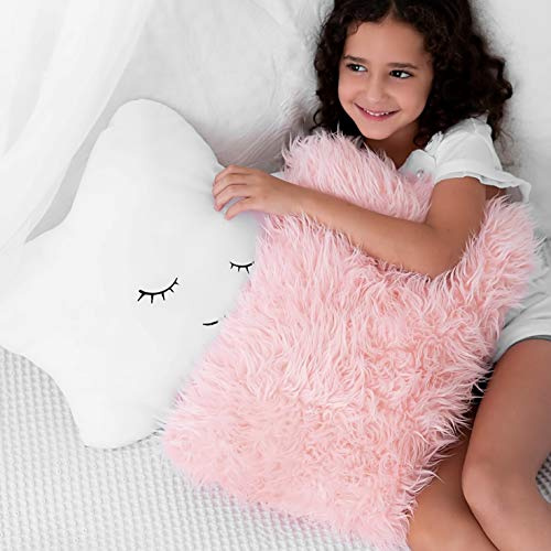 Dekokissen für Baby-Mädchen, Kinder, mit Sternenmotiv, Weiß mit niedlichem besticktem Schlafgesicht und flauschigem rosa Kunstfell, weich und plüschig, für Kinderbett, Kinderzimmer, Kleinkind,