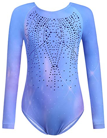 trudge Kinder Turnanzug Gymnastikanzug Mädchen Leotard Langarm Ärmellos Trikot Training Dancewear Gymnastikbody Tanzbekleidung Wettkampf 3-12 Jahre, Sternenblau, 150