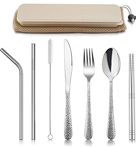 HaWare Campingbesteck, 9-teilig Edelstahl Outdoor Reisebesteck Wanderbesteck, Tragbares Picknick Besteck Set mit Messer Gabel Löffel, Metallstroh, Essstäbchen, Reinigungsbürste, Weizen Etui & Tasche