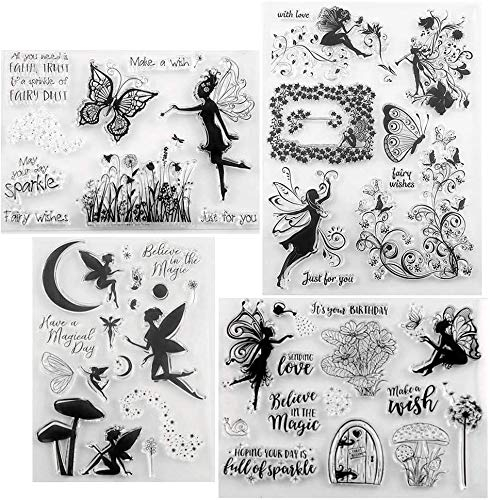 Silikonstempel Fee und Blumen Set 4 Blätter Clear Stamp Elfen Set für DIY Bullet Journal Scrapbooking Fotoalbum Geburtstag Stempelset