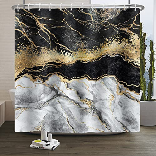 SDOTPMT 122x183cm Marmor Textur Duschvorhang Goldenes Pulver Funkelndes Schwarz Weiß Spleißen Bad Vorhang Moderne Klassische Badewanne Vorhang für Badezimmer Dekor mit Haken