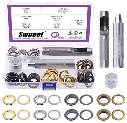 Swpeet Lot de 83 œillets en métal de 14 mm d'épaisseur - 4 couleurs - Œillets en métal avec rondelles et 3 outils de réglage pour réparation de toile, cuir