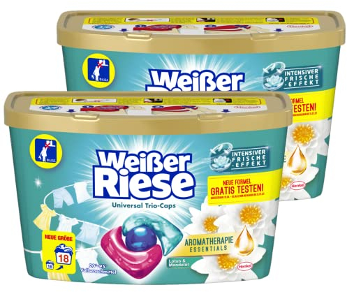 Weißer Riese Universal Trio-Caps Aromatherapie Essentials, 36 (2 x 18) Wäschen, Waschmittel mit Lotus & Mandelöl, Vollwaschmittel mit ätherischen Ölen und intensivem Frische-Effekt