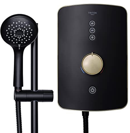 Triton Showers Amala Metallic | Shower Electric | 8.5 KW I Black I Brushed Brass I Electrical Showers | with Showerhead and Anti Twist Hose | Best Electric Shower Units for Bathrooms