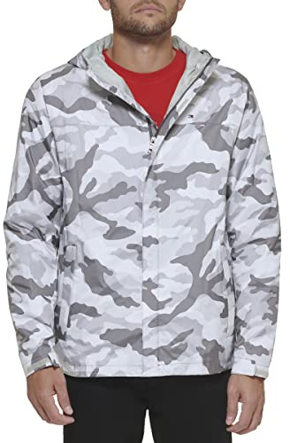 Tommy Hilfiger Men's Lightweight Breathable Waterproof Hooded Rain Jacket Raincoat, Grey Camouflage, XL