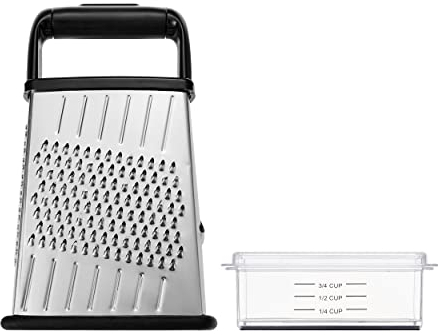 Farberware Professionelle, 4-seitige, schmale Edelstahl-Reibe mit abnehmbarem, transparentem Aufbewahrungsbehälter, perfekt für Parmesan-Käse, Gemüse, Ingwer, mit Zitronenzester