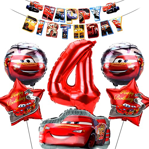 Cars Deko Geburtstag 4 Jahre, Auto Geburtstagsparty Deko, Geburtstagsdeko Auto Jungen, Auto Luftballon 4 Jahre Folienballon Cars Happy Birthday Banner für Kinder Geburtstag Party Dekoration