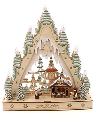 ELLUG 3D Schwibbogen Lichterspitze Holzschnitt Weihnachtsmarkt aus Holz zum Stellen mit Licht 30 * 8,5 * 35cm batteriebetrieben mit On-Off Schalter, Timer Funktion (6h On/18h Off)