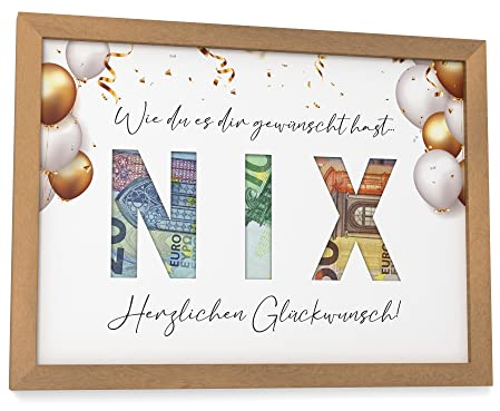 Papierschmiede® NIX Geschenk, Geldgeschenk DIN A5 (15x21 cm) Bilderrahmen nach Wahl, Nichts Geschenk, für Frauen, Männer, Lustig, Coole Geld Verpackung Geschenkidee zum Geburtstag