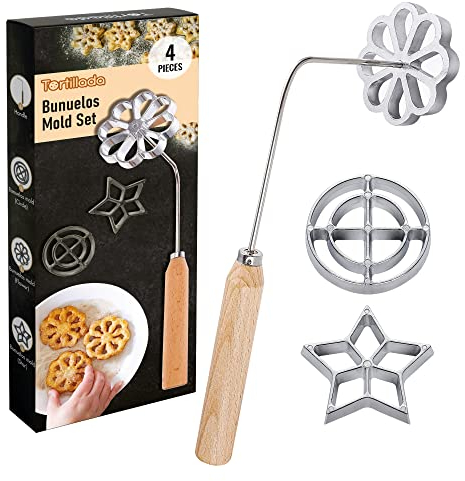 Tortillada – 4 Piece Set Bunuelos Mold with Wood Handle Rosette Maker Rosette Cookie Bunuelos Tool Aluminum Cast Waffle Molds Set with 3 Molds (Star Flower Circle) for Kitchen Baking Cooking