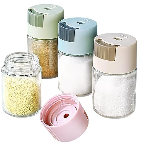 4 Pieces Spice Jars with Lid, Press Type Spice Jars Bottles Sealed Salt and Pepper Shaker Set Moisture Glass Seasoning Bottle for Sugar, Salt, Pepper and Other Spices Multicoloured
