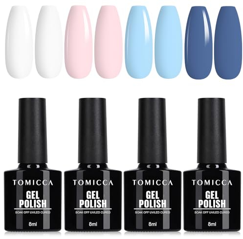 TOMICCA UV Nagellack Set, 4 Farben Weiß Cremiges Rose Blau Frühling/Sommer Gel Nagelfarben, UV Lampe Soak-Off UV/LED Schellack Nagellack, für Nagelstudio und DIY Maniküre zu Hause, 8ML