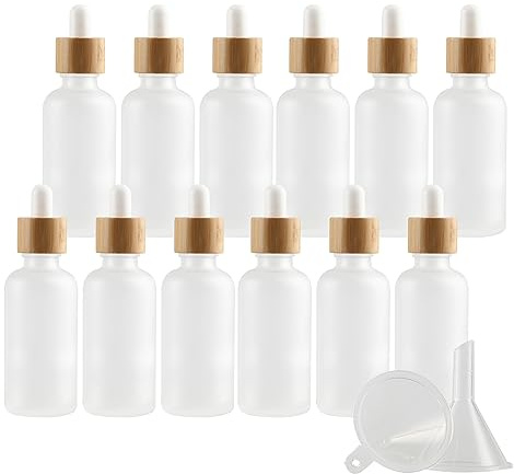 PQPAUTY 12 Pièces 50ml Flacons en Verre Transparent Mat avec Pipettes, 50 ml Bouteilles Compte-gouttes en Verre Vides avec Bouchon à Vis Bambou Pour Les Huiles Essentielles Aromathérapie